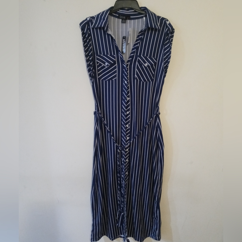 Sleeveless Striped Shirt Dress - Navy Blue/White